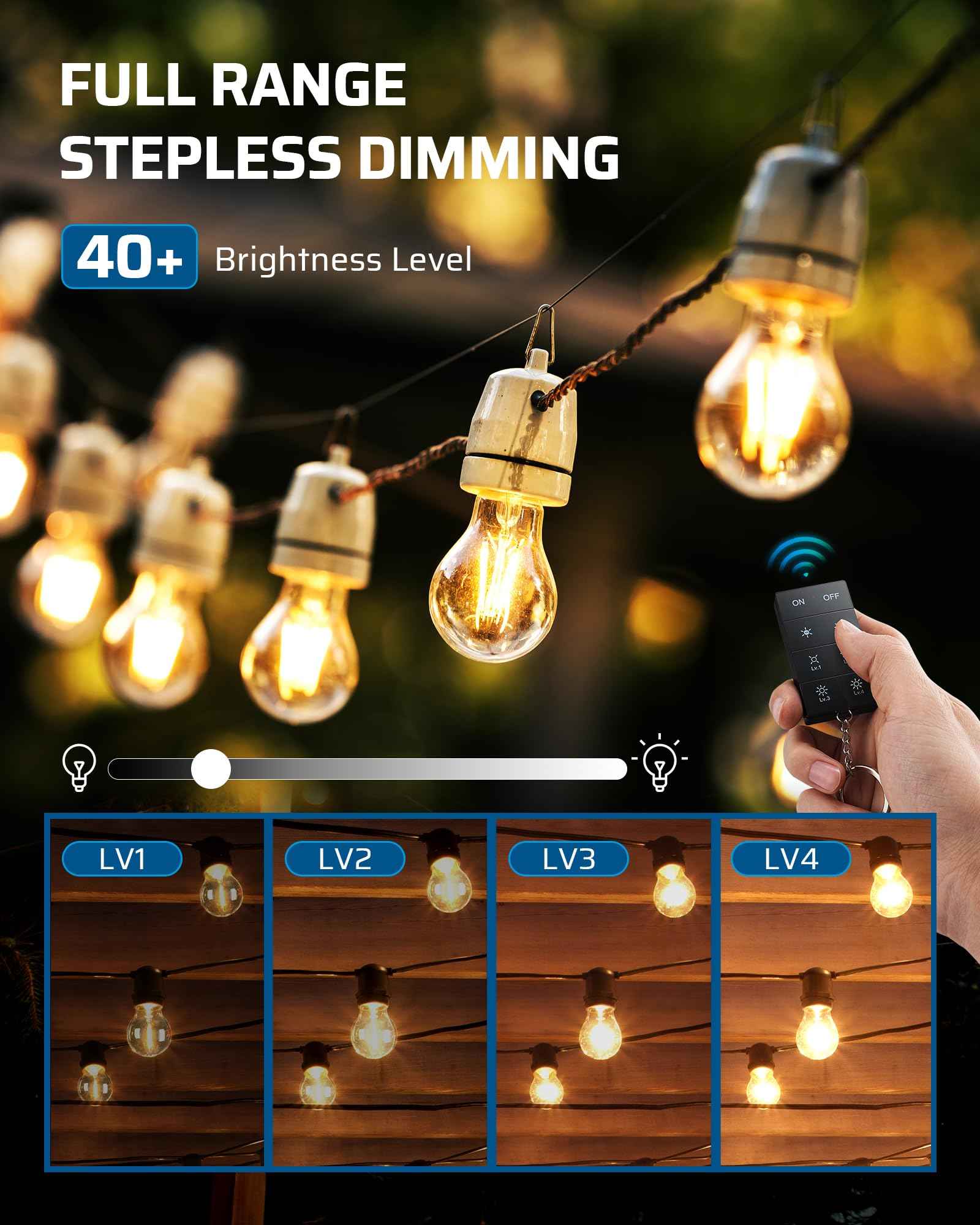 DEWENWILS Outdoor Dimmer for String Lights, 100FT Remote Range, IP44 Waterproof Plug-in Dimmer for Garden, Patio, Porch, 4 Level Brightness Button, Max 150W Dimmable LED/300W Tungsten Bulbs