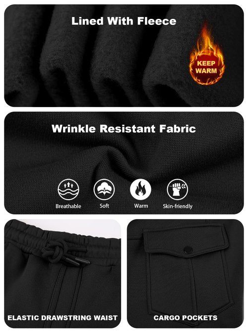 TAFLE Mens Fleece Lined Sweatpants Warm Winter Athletic Jogger Pants with 6 Pockets Drawstring Outdoor Trousers Black