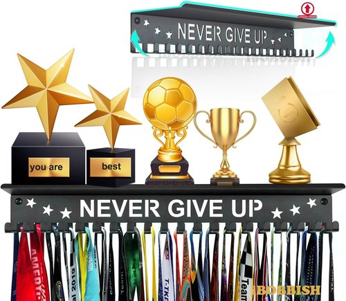 iBobbish Metal Medal Hanger - Heavy Duty Wall Mount Trophy Shelf with 20 Hooks | Holds 22-33lbs for Sports