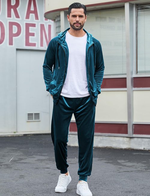 LecGee Men's Autumn Winter Leisure Sports Suit Full Zip Long Sleeve Coat and Running Pant 2 Piece Set(Peacock Blue,X-Large)