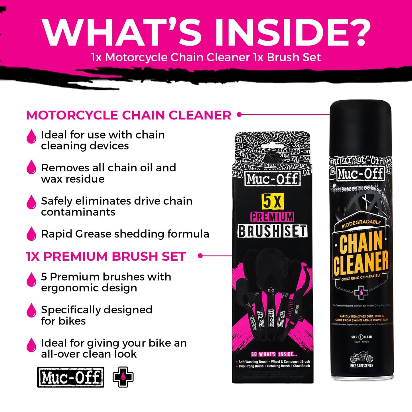 Muc-Off Motorcycle Chain Cleaner 400ml + Motorcycle All-Weather Chain Lube 400ml Bundle | Water-Soluble Cleaner & Premium Synthetic Lube with Ceramic Additives | Long Distance All-Weather Protection