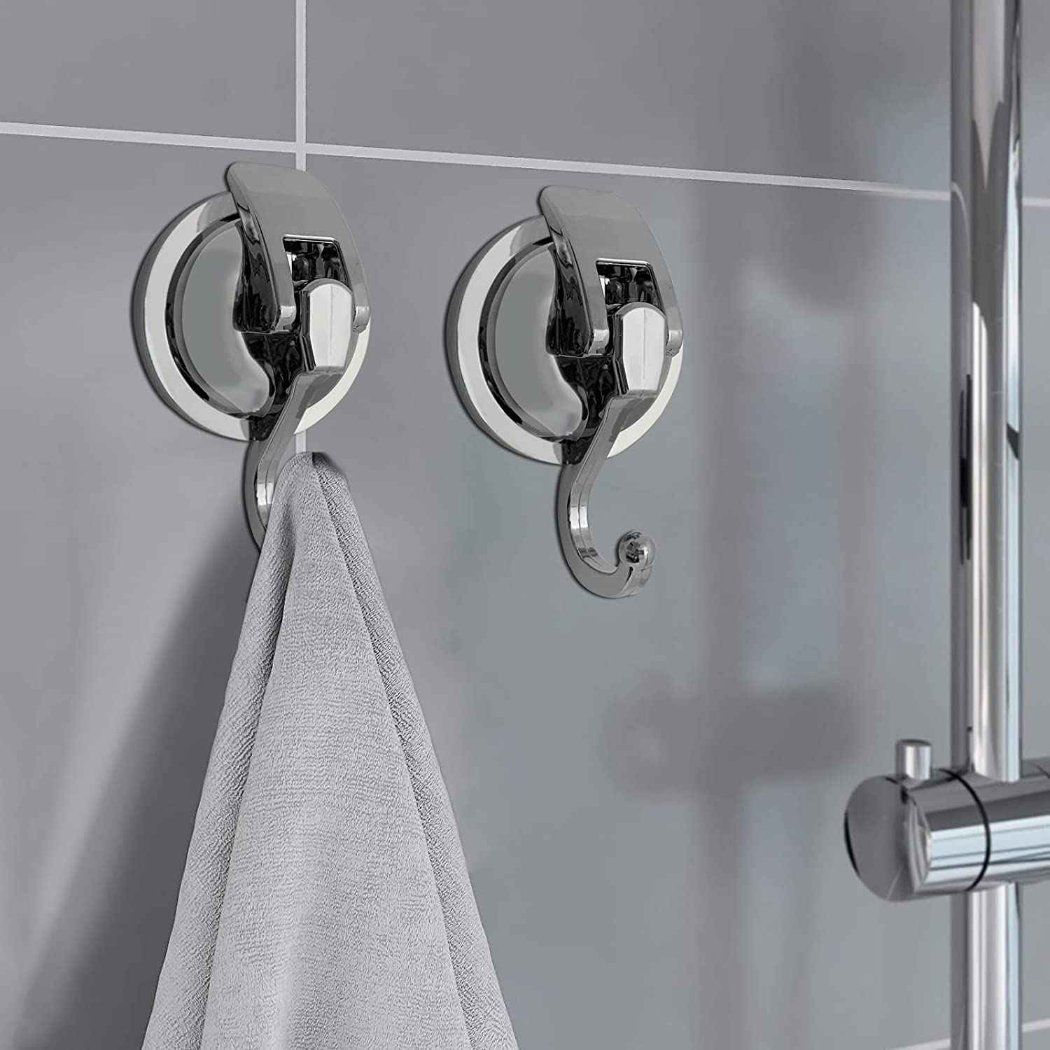 YSSILADI Suction Cup Hooks - Heavy Duty Glass, Reusable, No Hole Punched, for Bathroom Robe & Garland (Silver, 4 Pack)