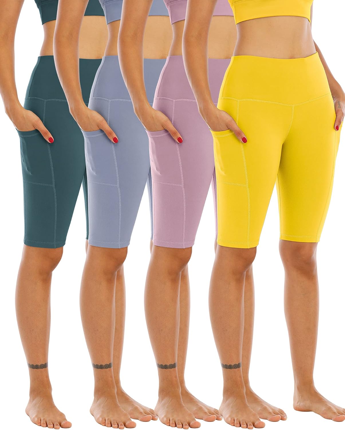 WHOUARE Biker Yoga Shorts - High Waisted with Pockets for Women | 4 Pack Athletic Workout Gear