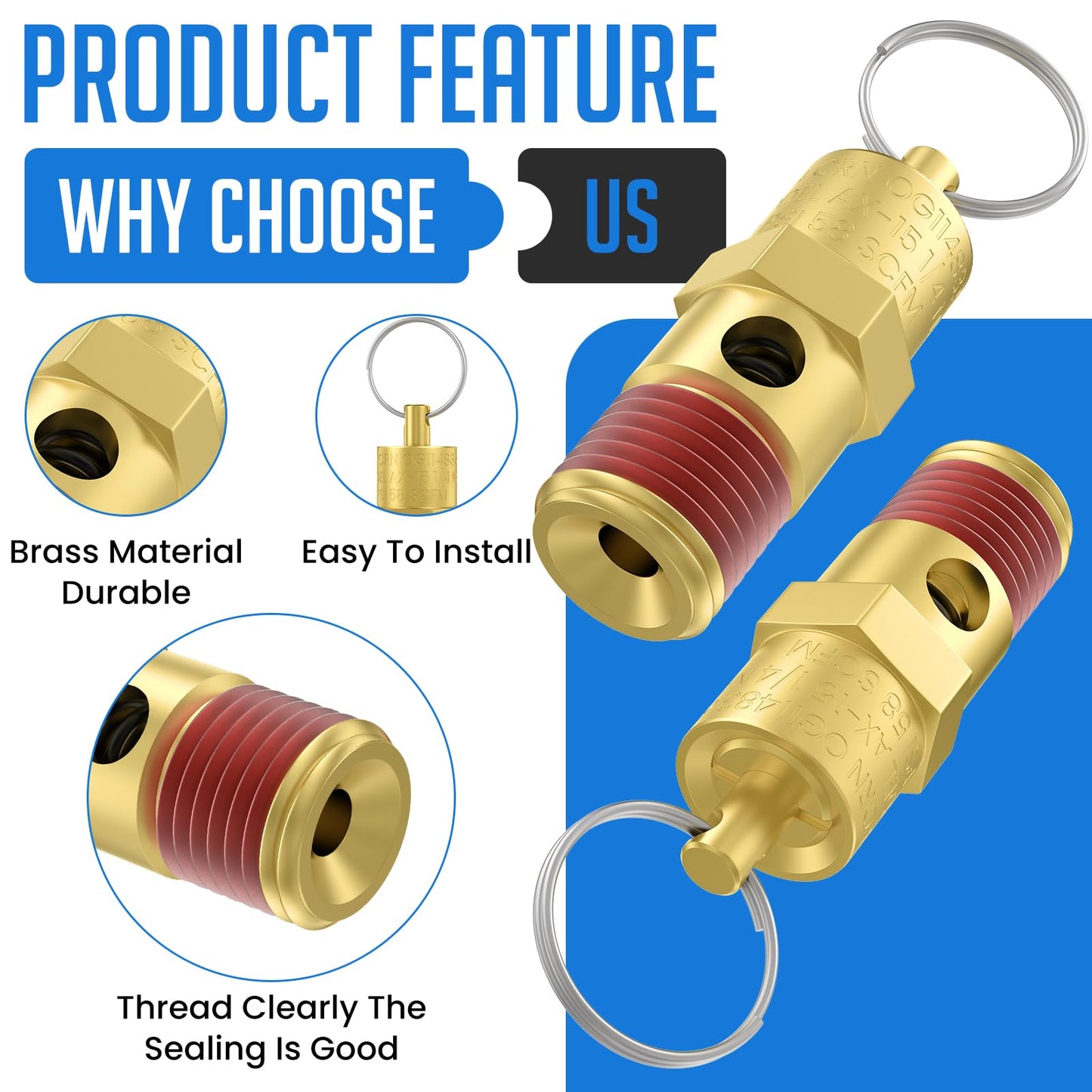 HONSNKS 2 Pcs 1/4" NPT(M) 200 PSI Air Compressor Pressure Relief Valve, Brass Safety Valve for Air Compressor (Tank Pop Off)