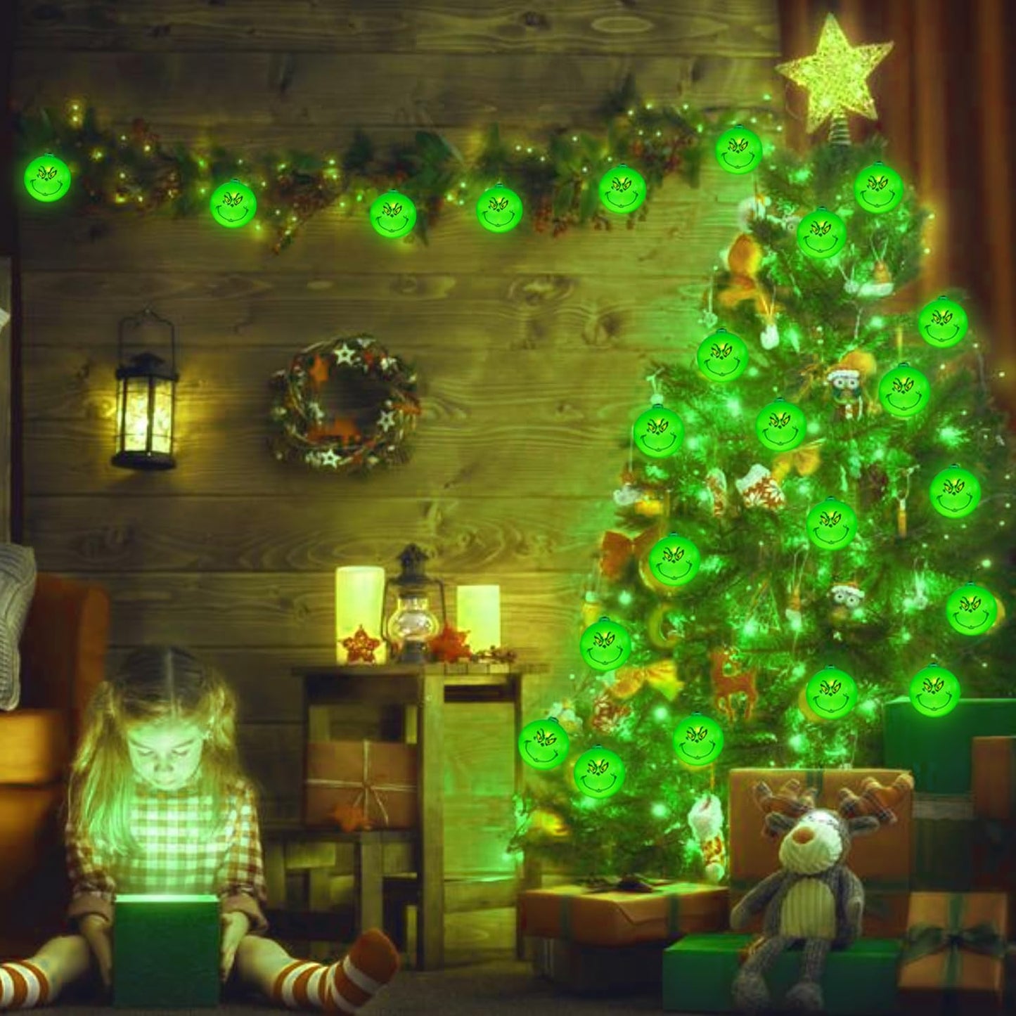 Lushangshou Outdoor Grinch Christmas Decorations Solar Christmas Lights, 20 LED 16Ft Waterproof Grinch Christmas String Lights for Christmas Tree Outside Garden Patio Yard Garland Holiday Party Decor