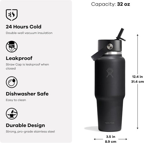 Hydro Flask Travel Water Bottle - Insulated Stainless Steel | 32 Oz Popstar Pink with Wide Straw Lid