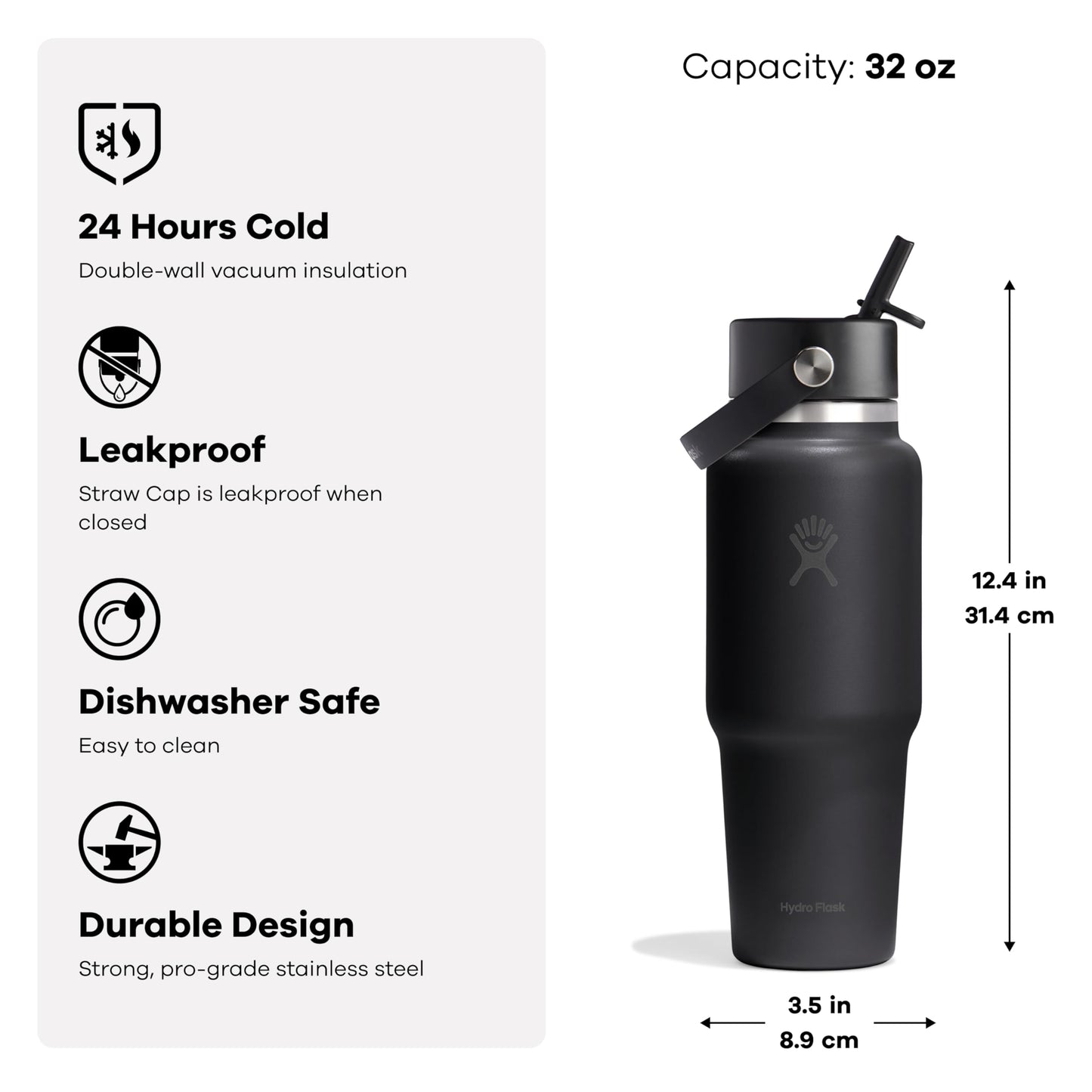 Hydro Flask Travel Water Bottle - Insulated Stainless Steel - Wide Straw Lid, Non Spill, Leakproof in 32 Oz Cloud Pink