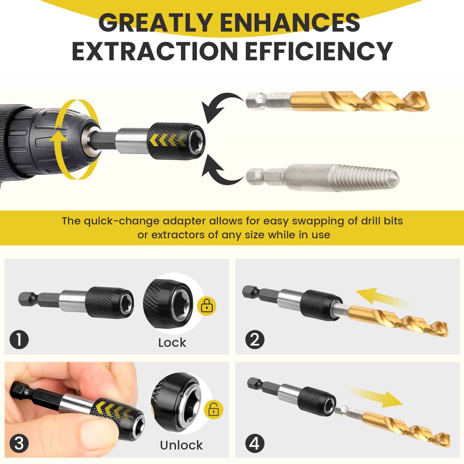 14-Pieces Screw Extractor and Left-Hand Drill Bit Set, Easy Out Broken Bolt Remover Reverse Cobalt HSS Steel Drill Kit, Ez Out Stripped, Rounded-Off, Damaged Bolts, Screws&Studs Removal Tool(Yellow)