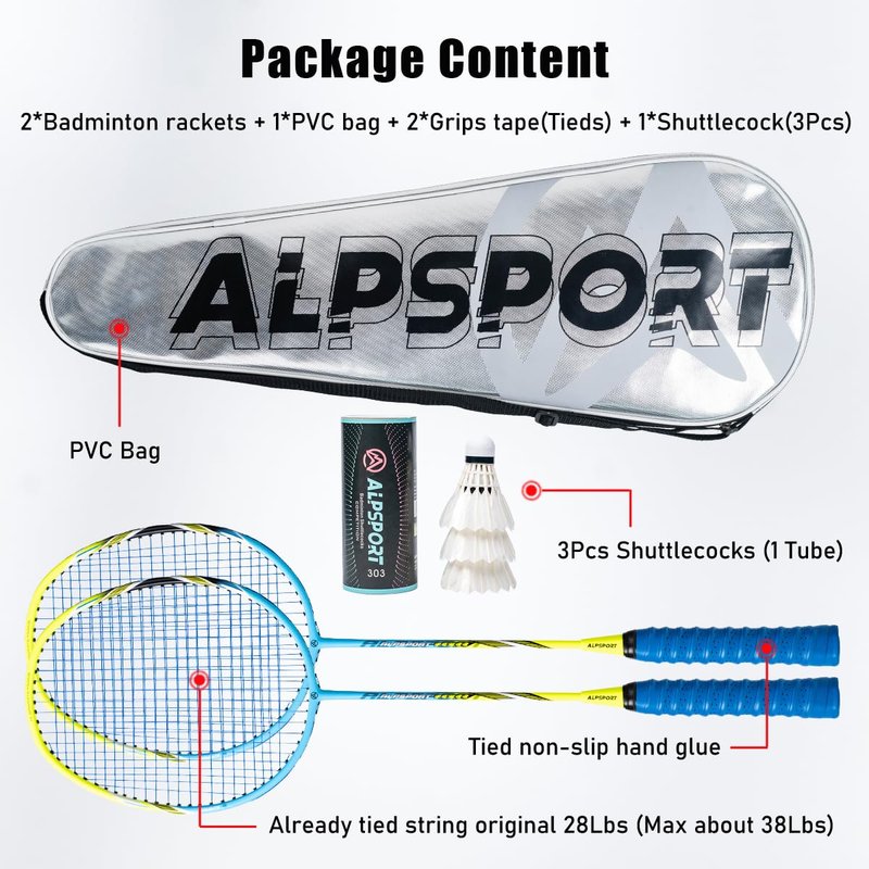 ALPSPORT Power Original Design 4U G5 Graphite Badminton Rackets Sets of 2, Carbon Fiber Racquets with 1 PVC Bag, 2 Tied Grips Tapes, 3 Shuttlecocks, 22-28LBS Padel Raket for Sports Training (Blue)