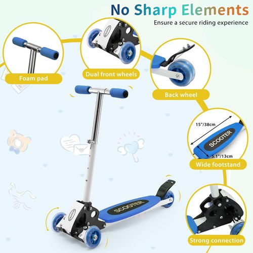 Toddler Scooter, Foldable Three Wheel Lean-to-Steer Scooter for Kids Ages 3-5, Heavy Duty Toddler Scooters, 4 Height Adjustable, 3 Wheeled Scooters for Ages 3 +, Anti Slip, with Box, Blue