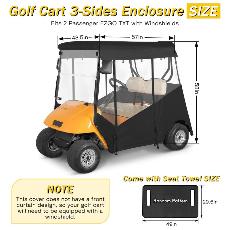 SANXIACAR Golf Cart Enclosure 2 Passenger for EZGO TXT 2 Seater Open Front Windshield 3-Sided Clear Windows Waterproof Transparent Driving Rain Covers Roll-up Zipper Door Black (with Seat Blanket)