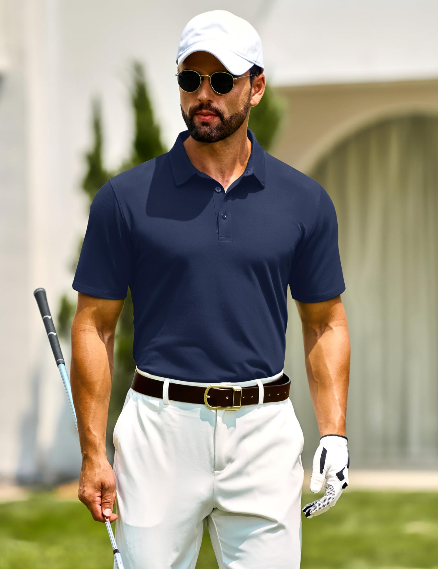 Cotrasen Men's Polo Shirts Short Sleeve Cotton Pique T-Shirts 3 Buttons Classic Fit Casual Soft Stretch Performance Golf Shirts Navy L