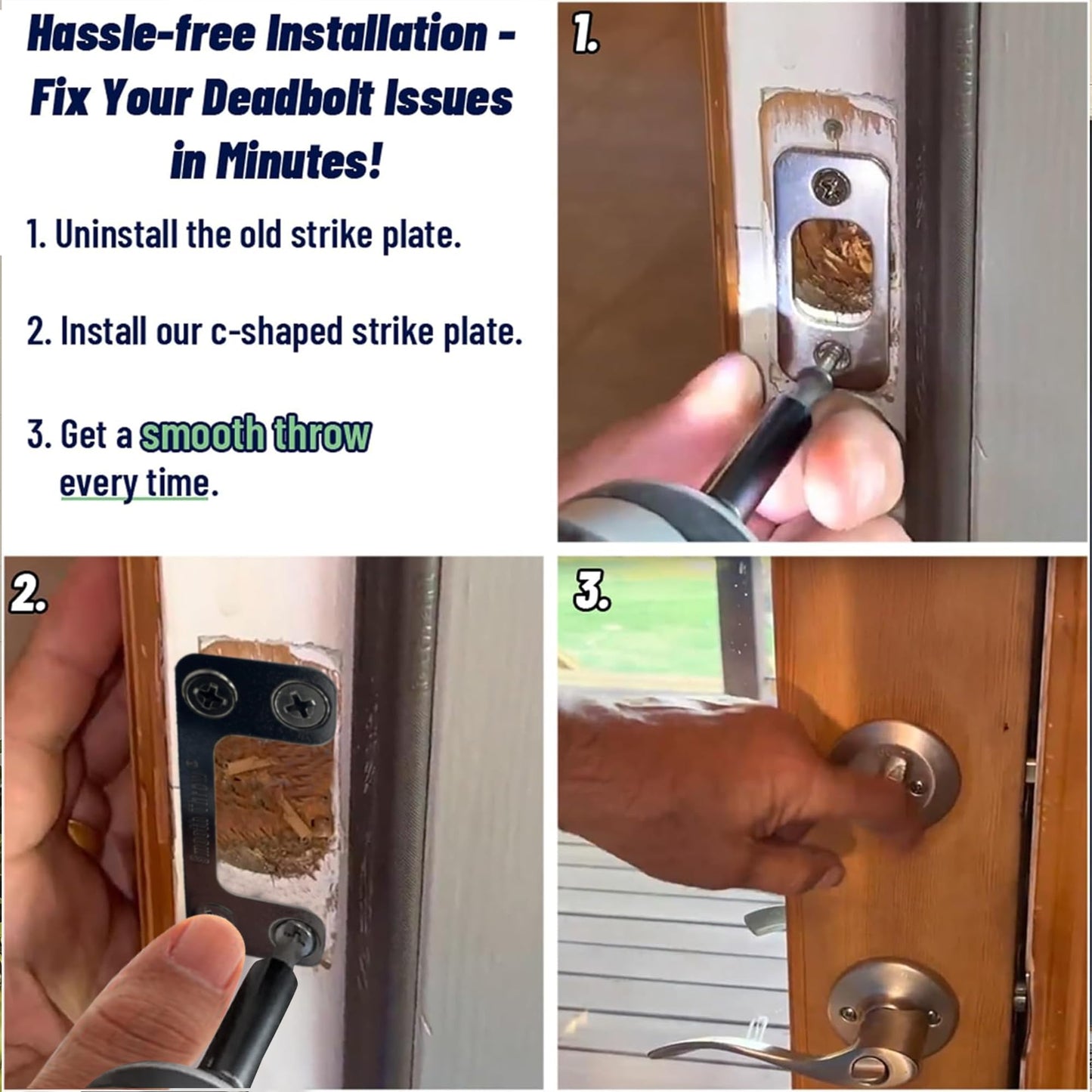 Oversized (1.125" x 2.75") Adjustable Strike Plate for Exterior Doors - Larger Horizontal & Vertical Hole for Deadbolts & Electronic Locks - Home & Rental Security - Property Managers Favorite