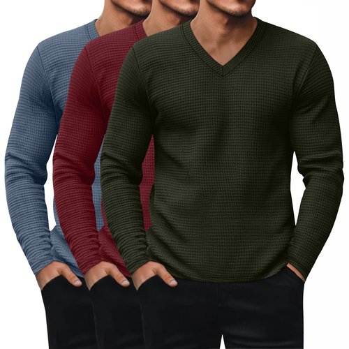 Ficerd 3 Pack Men's Waffle Thermal Long Sleeve Shirts V Neck Underwear Tops Casual Knit Undershirts Pullover Sweaters(Haze Blue, Burgundy, Dark Army Green,X-Large)