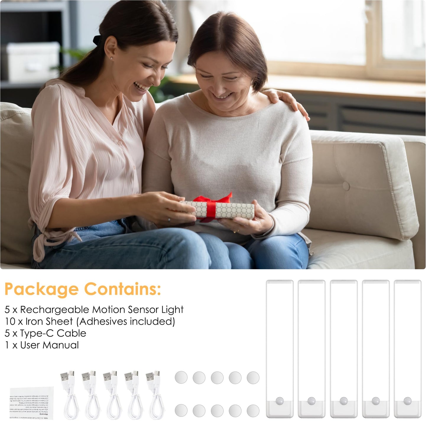 YLXS 5-Pack Motion Sensor Under Cabinet Light, 3 Color Temperature Dimmable Rechargeable Magnetic Closet Light 7.9 inch Wireless Under Counter Light
