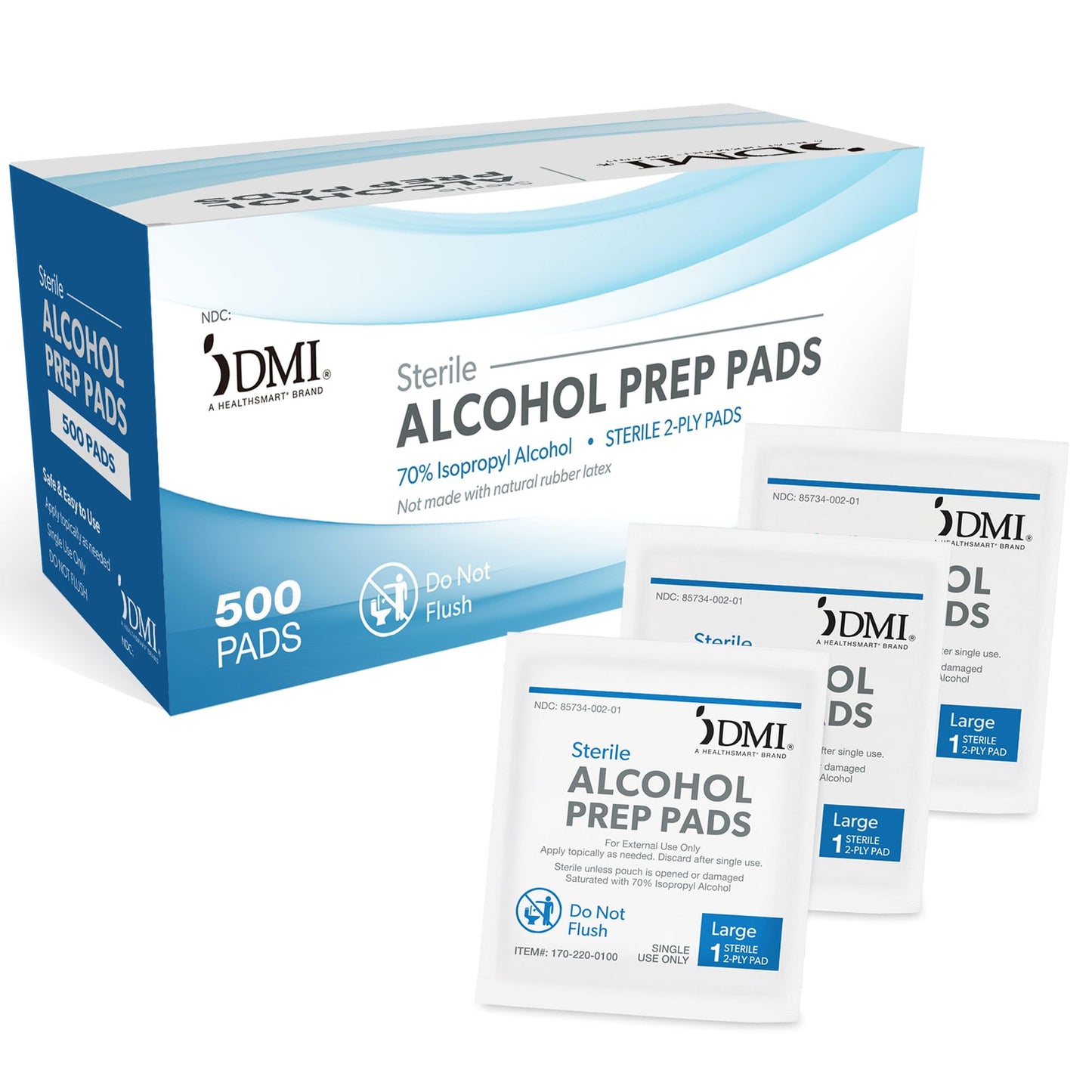 DMI Alcohol Prep Pads, 500 Count (5 Boxes of 100), Medical Grade Large 70% Isopropyl Alcohol, 2-Ply Individually Wrapped Antiseptic Wipes for Medical, Cleansing, and Injections