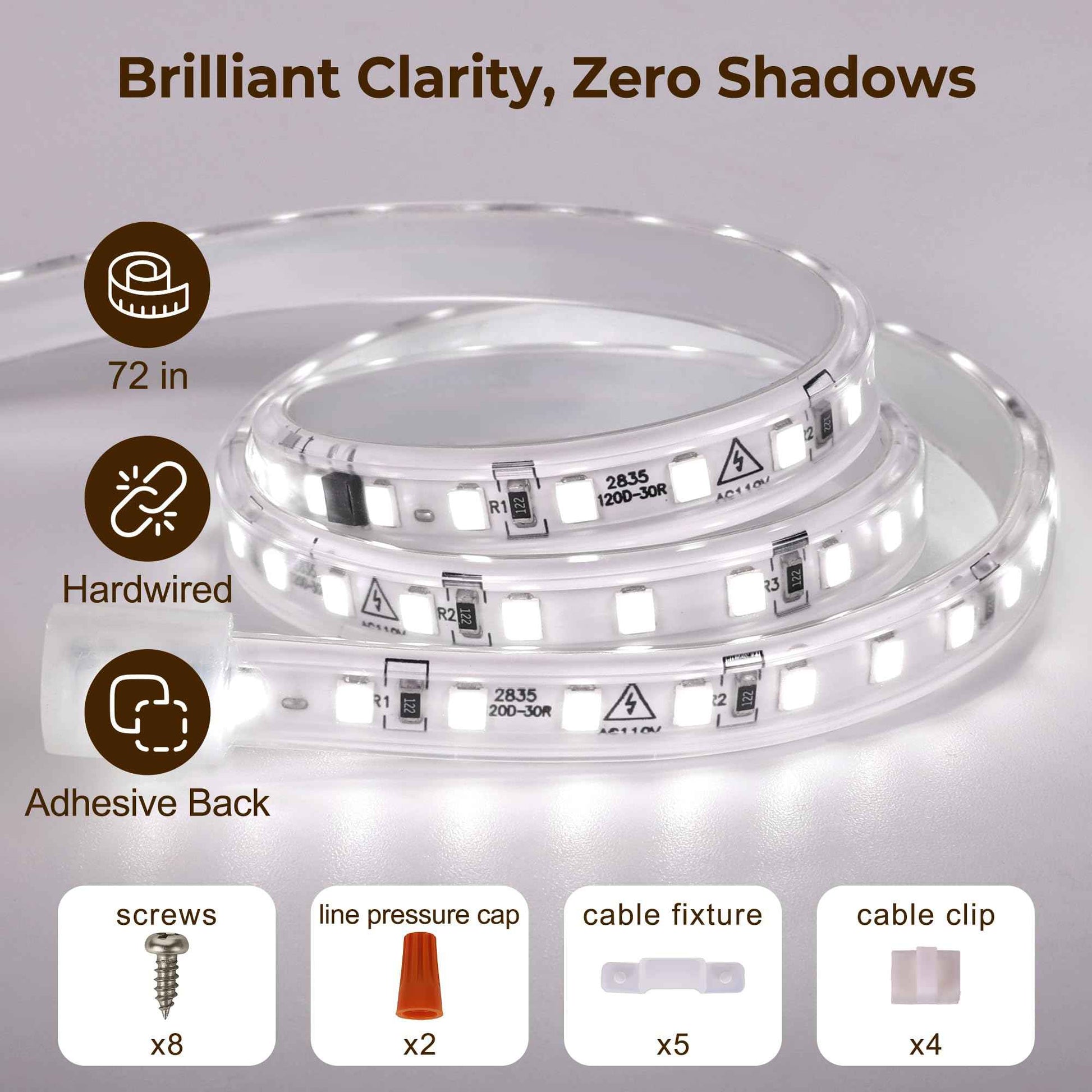 72inch Hardwired Under Cabinet Lighting for Kitchen, 6000K White Wired Undercounter Waterproof Led Strip Lights, Luces para Cocina Bajo Gabinete Under Shelf Lights