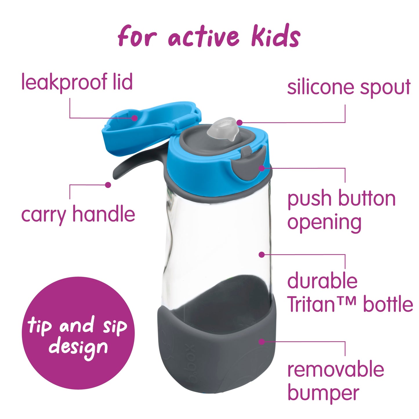 b.box 15oz Sport Spout Kids Water Bottle for School, Sports, Daycare - No-Straw Design for Easy Cleaning - Leakproof - Ergonomic Triangle Grip - Dishwasher Safe, BPA Free, PFAS Free - Blue Slate