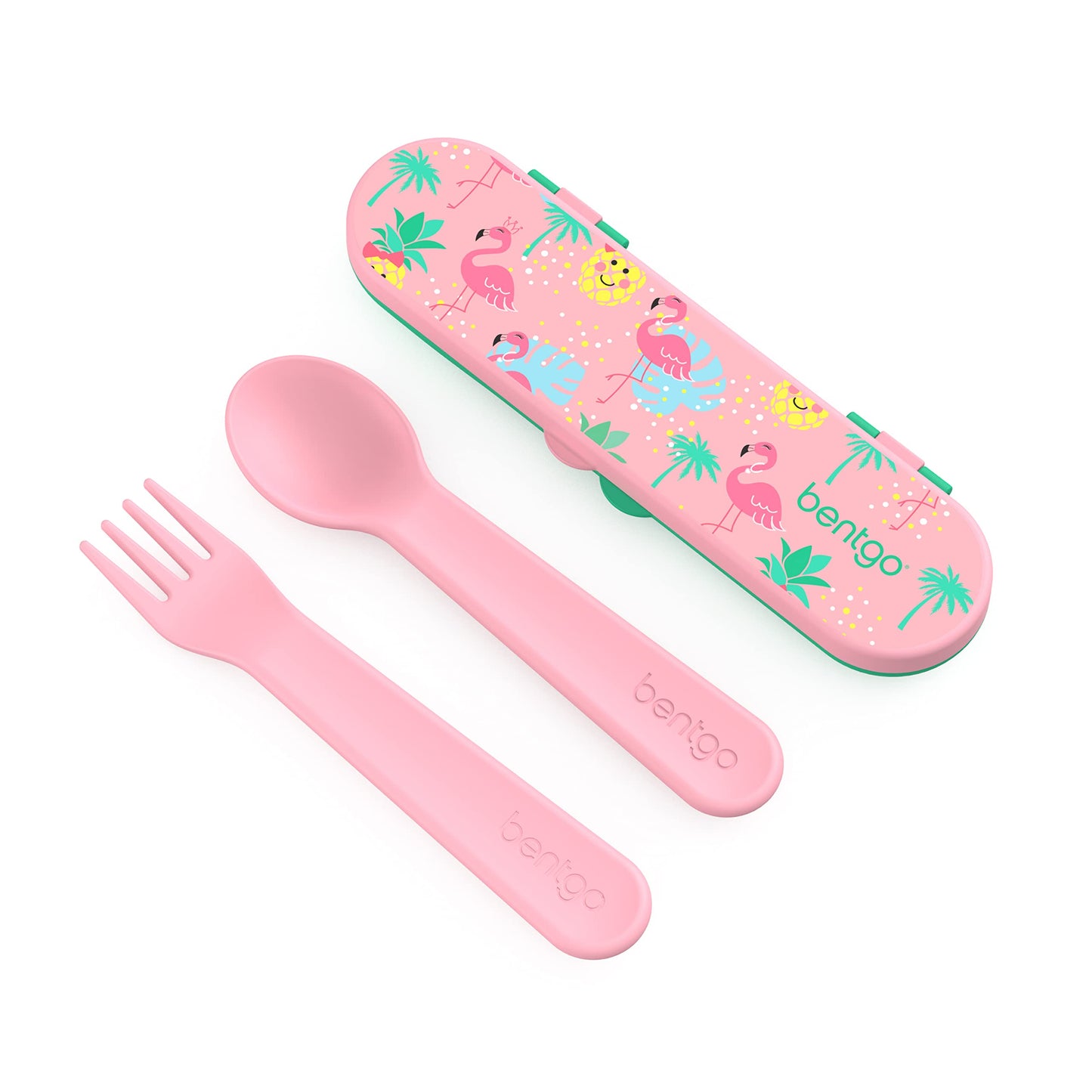 Bentgo® Kids Plastic Utensil Set - Reusable Fork, Spoon & Storage Case, PFAS- & BPA-Free, Easy-Grip Handles, Lightweight, Dishwasher Safe, School Lunch, Travel & On-the-Go (Tropical)