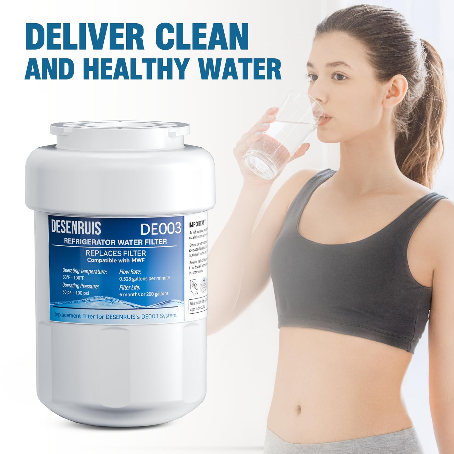 Water Filter Replacement Compatible with GE MWF, SmartWater MWFP, MWFA, GWF, HDX FMG-1, WFC1201, RWF1060, 197D6321P006, Kenmore 9991, Pack of 2, By DESENRUIS