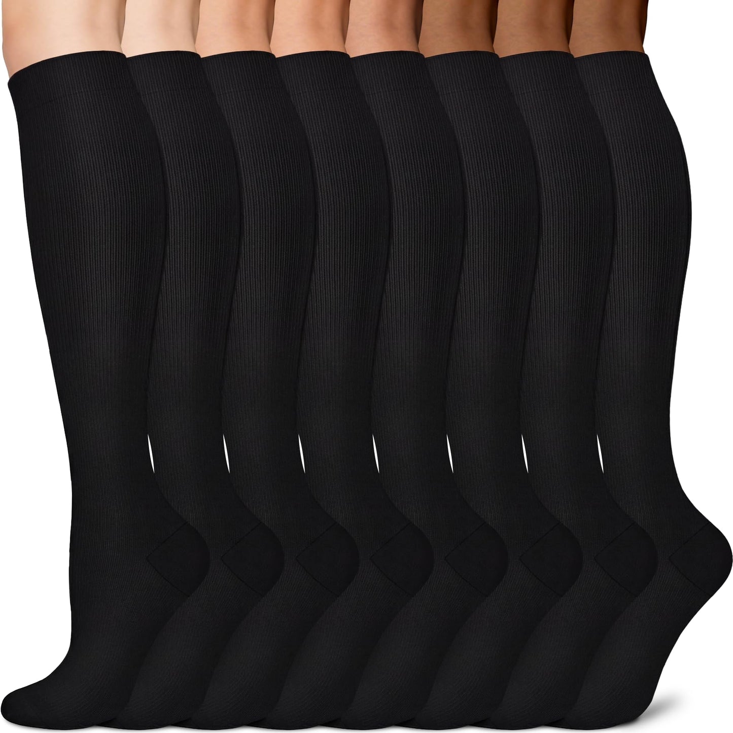 Sooverki Compression Socks for Men & Women 8 Pack 15-20mmHg - Knee High Stockings Leg Warmers Best Support for Running Athletic Work Cycling Travel Black Nylon Polyester Gifts Mujer Hombre