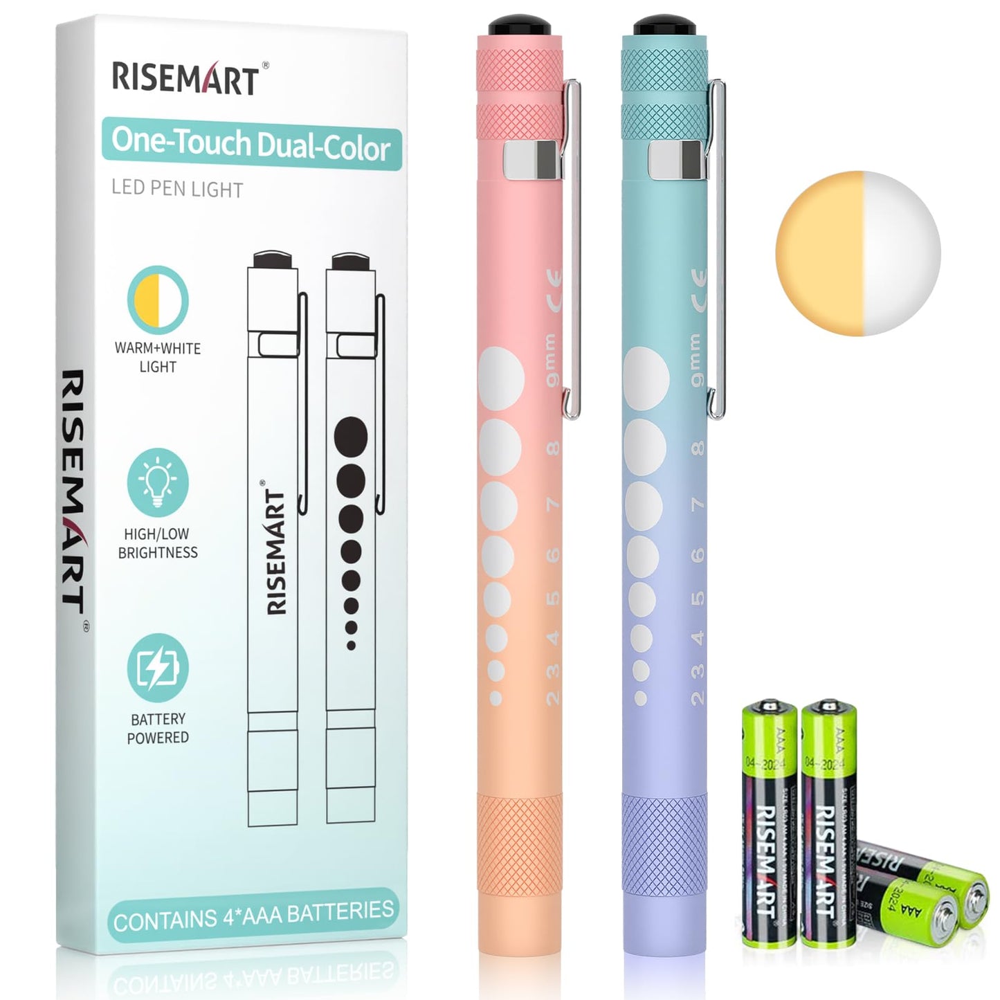RISEMART 2-Pack Pen Light for Nurses – Medical Penlight with One-Button Switch for White & Warm Light, Portable Tool for Nursing, Doctors, Students (Blue Purple Gradient & Pink Orange Gradient)