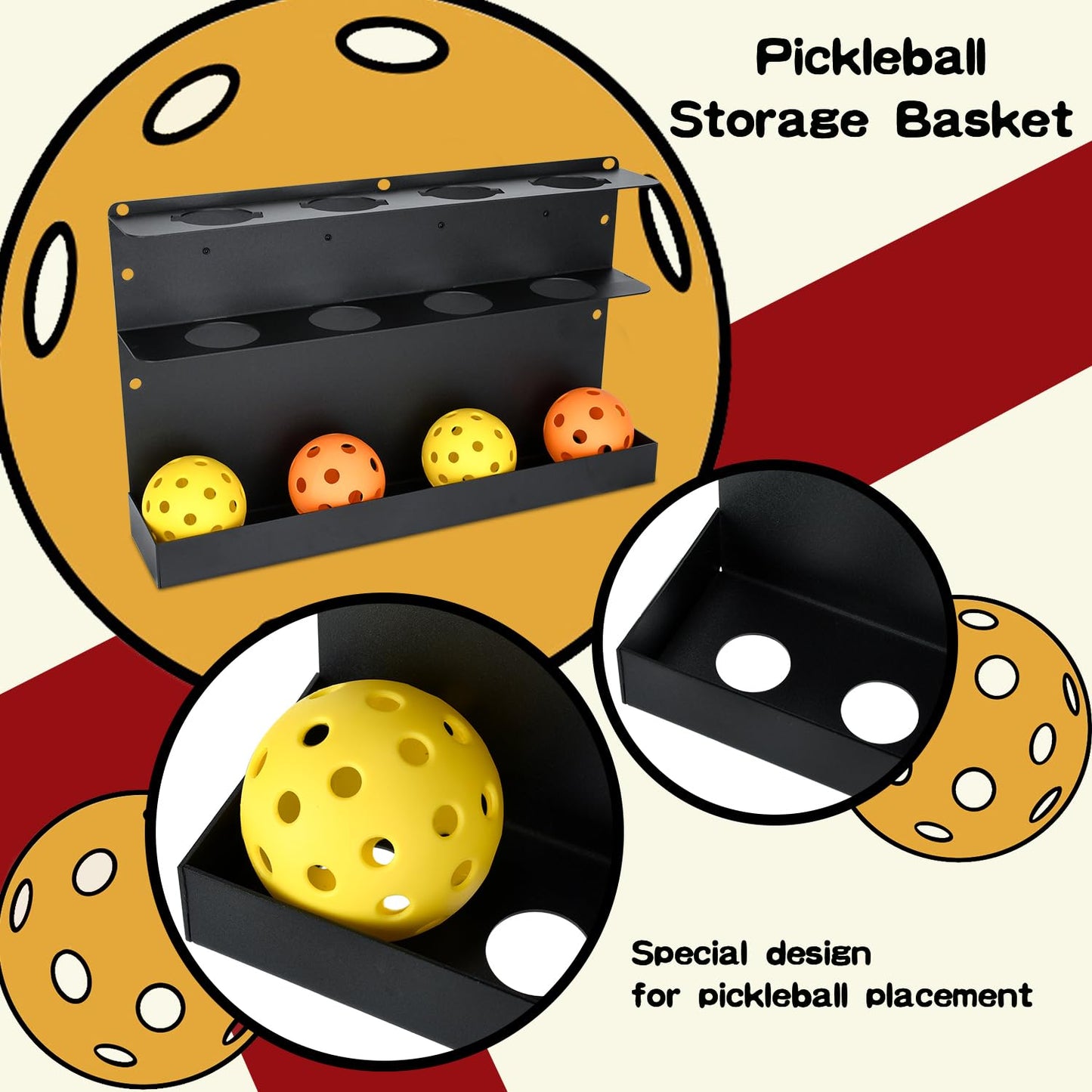 TOPOWN Pickleball Paddle & Ball Rack - Heavy-Duty Steel, Holds 4 Paddles & 4 Balls, Fence & Wall Mount