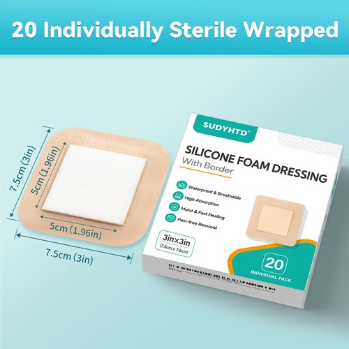 20 Pack Silicone Foam Dressing 3"x3" Gentle Border, Waterproof Silicone Bandages for Wounds Care, Super Absorbent Wound Dressing, Bed Sore Patches, Self Adhesive Pressure Sore Pads