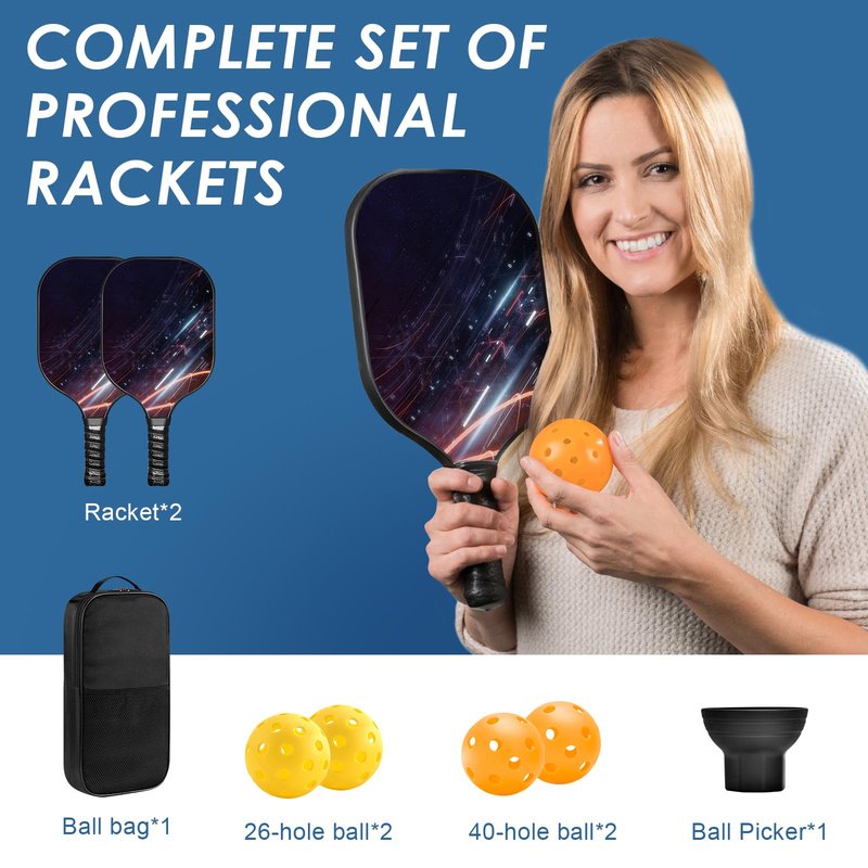 Pickle Ball Set Pickleball Paddles Set of 2 Carbon Fiber Pickleball Paddle Includes 4 Balls, 2 Ball Pickers, 1 Ball Bag Best Gifts for Junior and Professional Pickleball Equipment (Silver)