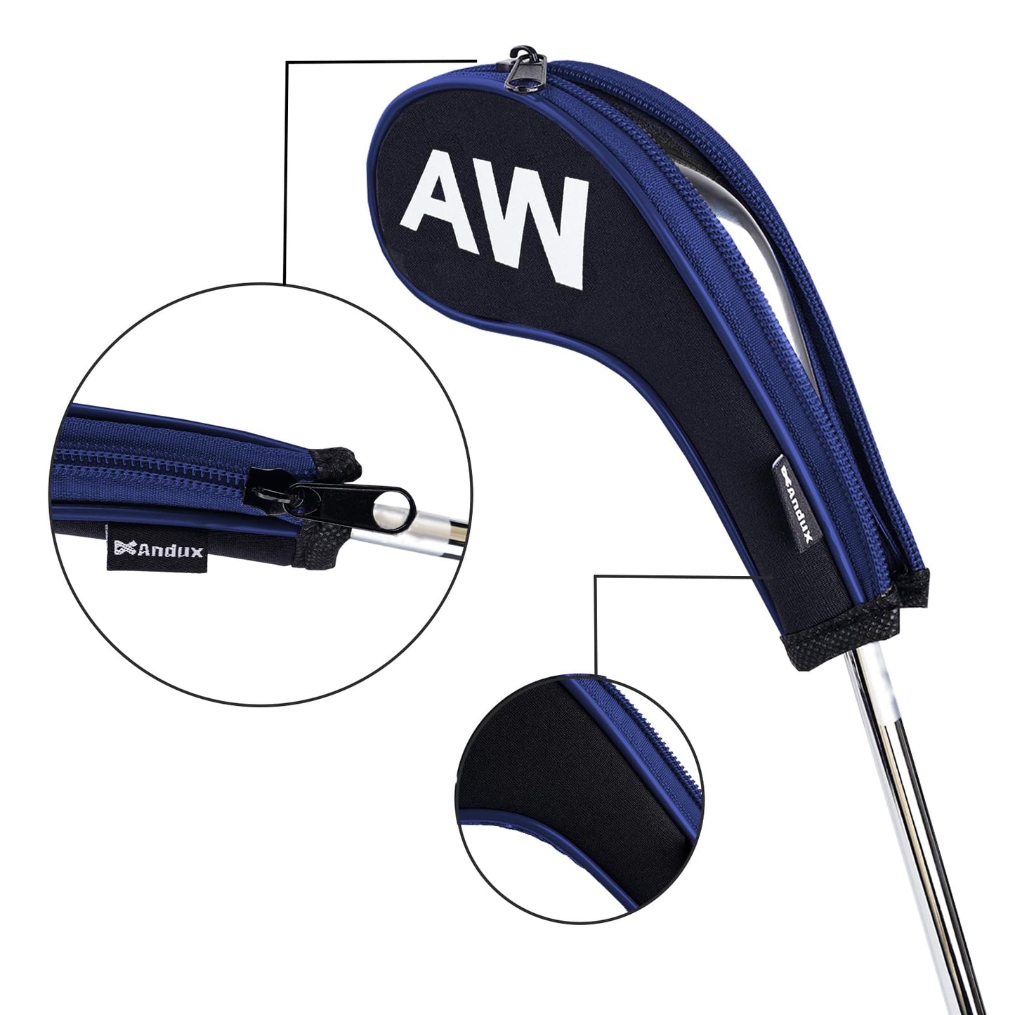 Andux 5Pack Golf Wedge Irons Club Head Covers NO. on Both Sides Long Neck with Zipper MT/S18 （Black/Blue）