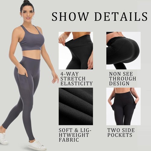 Diravo Workout Leggings for Women - High Waisted Tummy Control Yoga Pants with Pockets | 5 Pack