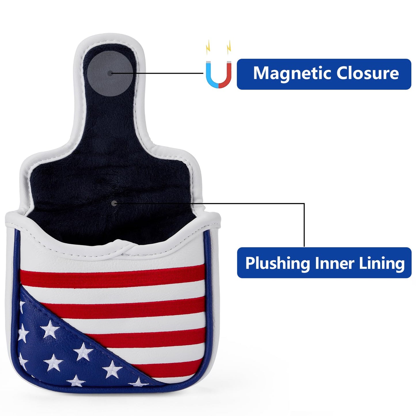 Gbourly Golf Club Square USA Mallet Putter Cover Magnetic Closure Heel Shafted PU Leather Stars and Stripes Flag Putters Headcover