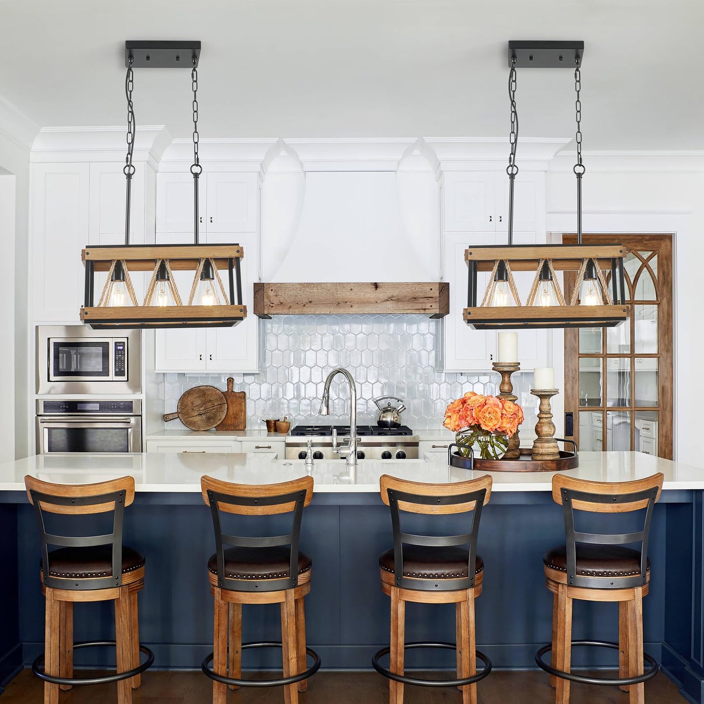 YongMing CL Farmhouse Light Fixtures, 3-Light Adjustable Kitchen Chandeliers Over Table, Vintage Pendant Lighting for Kitchen Island, Rustic Hanging Lights for Entryway Foyer Bathroom Dining Room