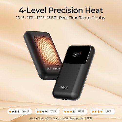 Hotdot Rechargeable Hand Warmers - 4 Heat Levels (104–131°F) with Real-Time Temp Display | Portable & Fast Heating