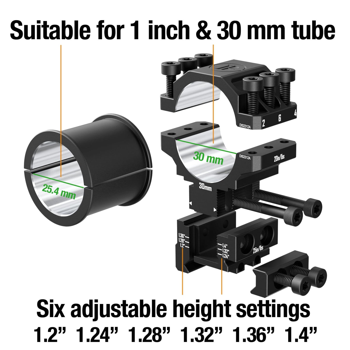 DISCOVERYOPT 30mm/1 inch Rifle Scope Rings, Adjustable Height 1.2-1.4 Inch, Precision Picatinny Rail Scope Mounts for Rifle Scope