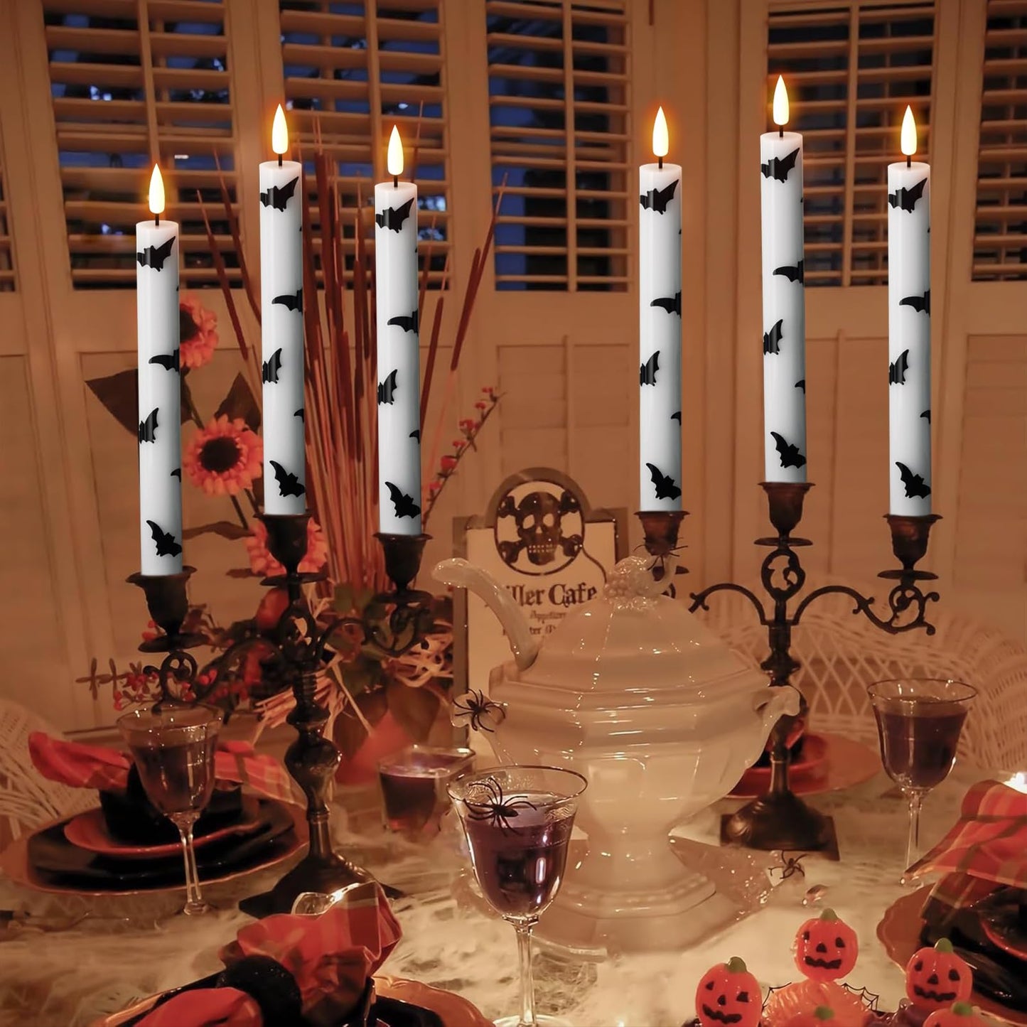 Wondise Halloween Flameless Taper Candles with Remote & Timer, 4 Pack Bats Battery Operated Real Wax 3D Flame LED Flickering Candles for Halloween Table Decorations