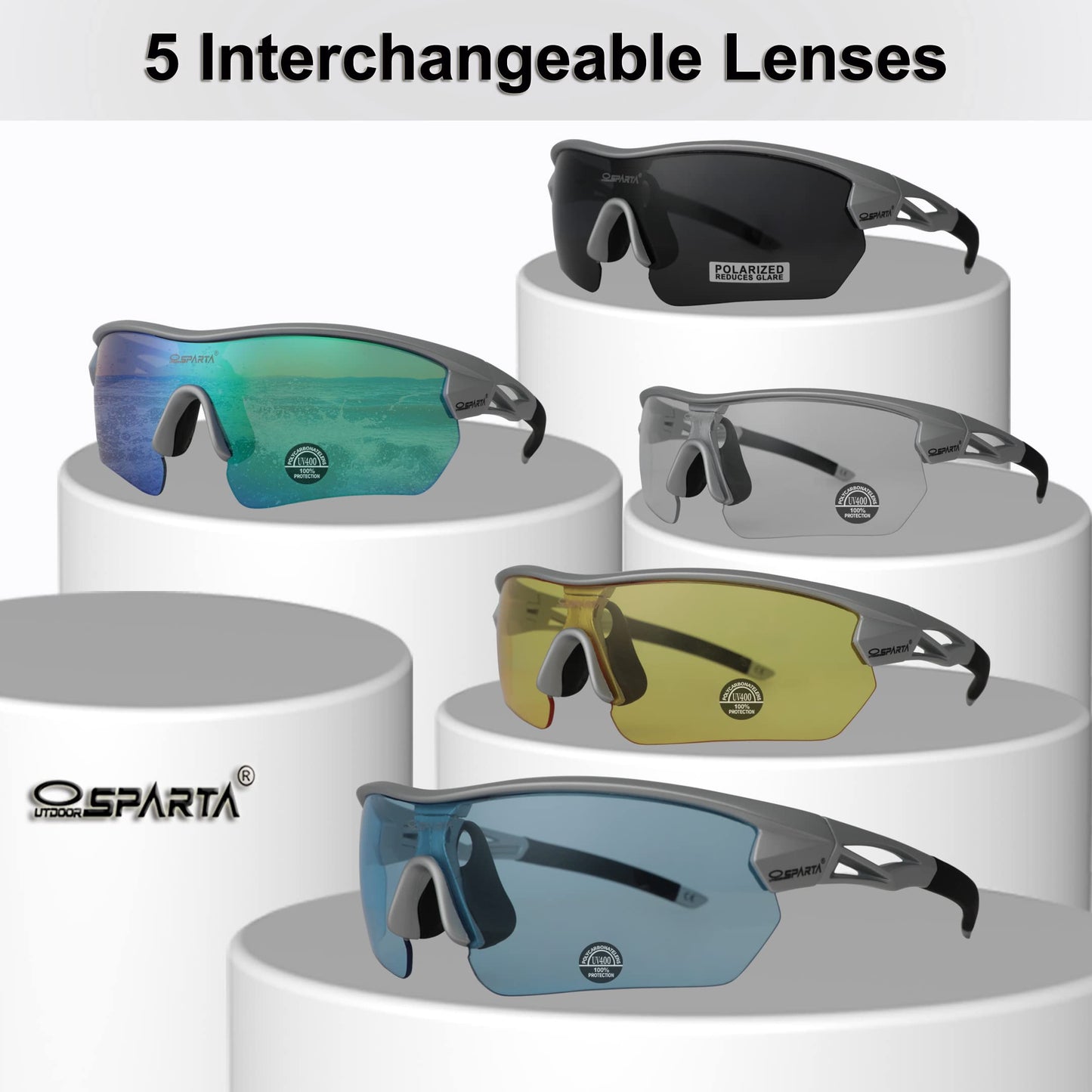 OUTDOORSPARTA Polarized Sports Sunglasses Cycling Glasses With 5 Interchangeable Lenses Driving Shades For Men & Women (6. Silver Black Frame, Full Lens Mirorred Green)