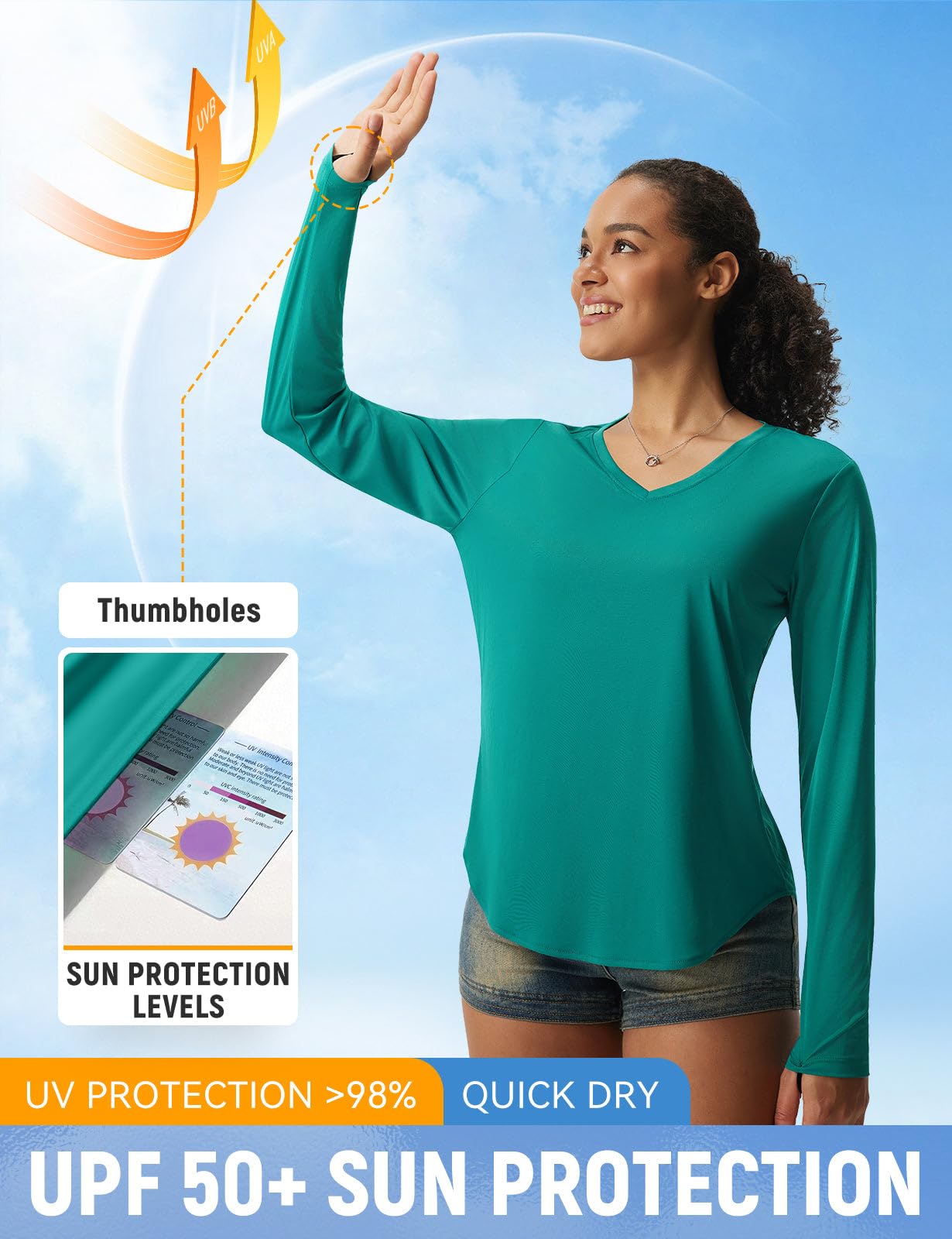 baleaf Womens Sun Shirts UPF 50+ UV Protection Long Sleeve V Neck Lightweight Breathable Quick Dry Tops Hiking Running Green L