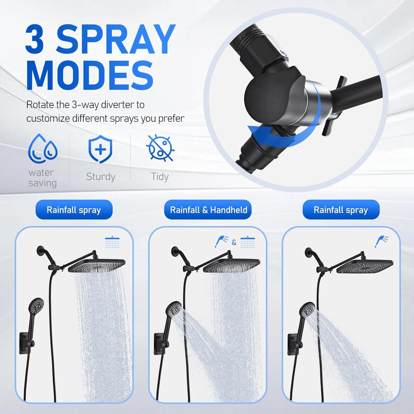 High Pressure 5-Mode Wide Rain Shower Head Combo with Handheld & Extension Arm - Black
