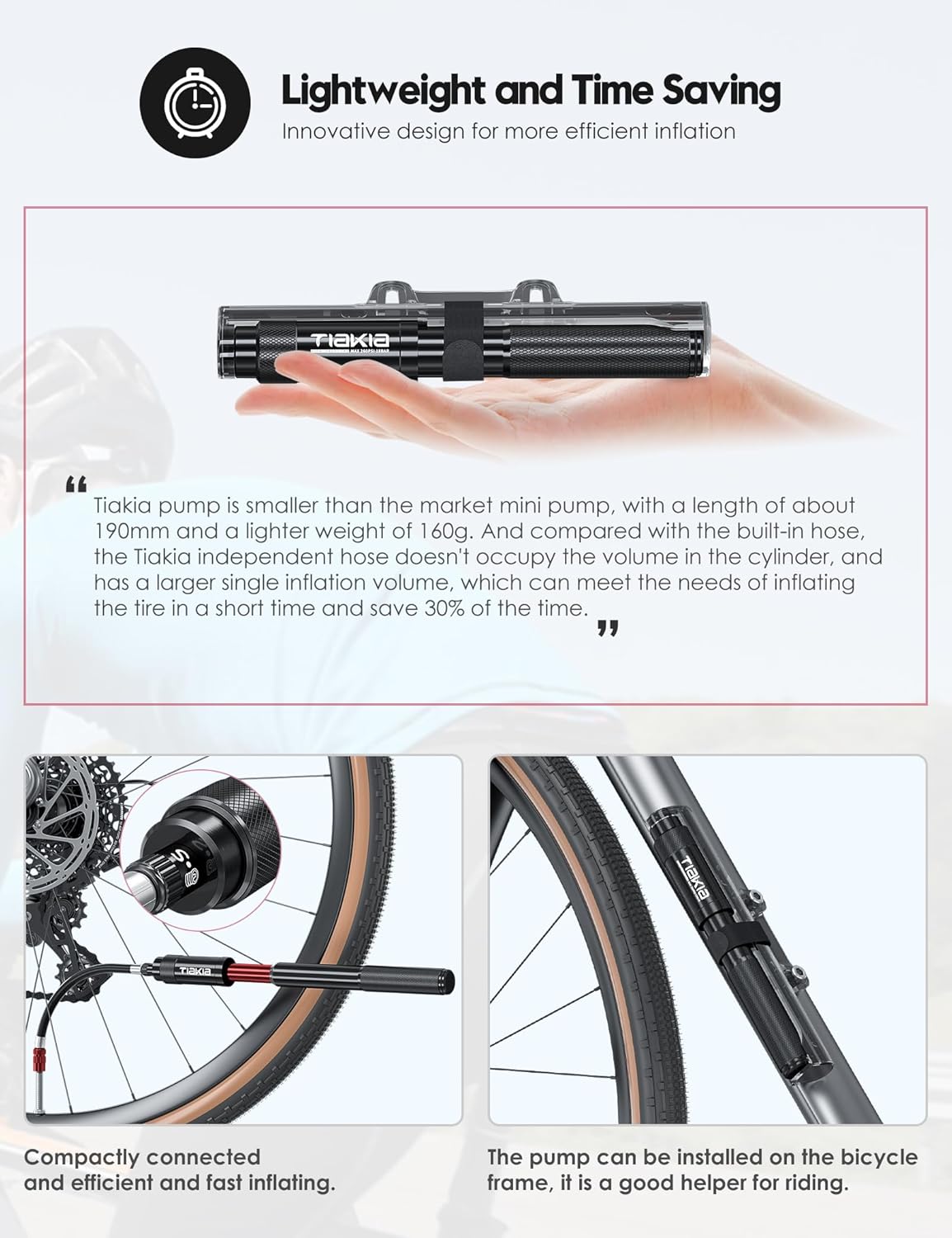 Tiakia Mini Bike Pump - Portable 260PSI High Pressure Frame Pump for Presta & Schrader Valves | Aluminum Alloy Tire Pump for Road & Mountain Bikes
