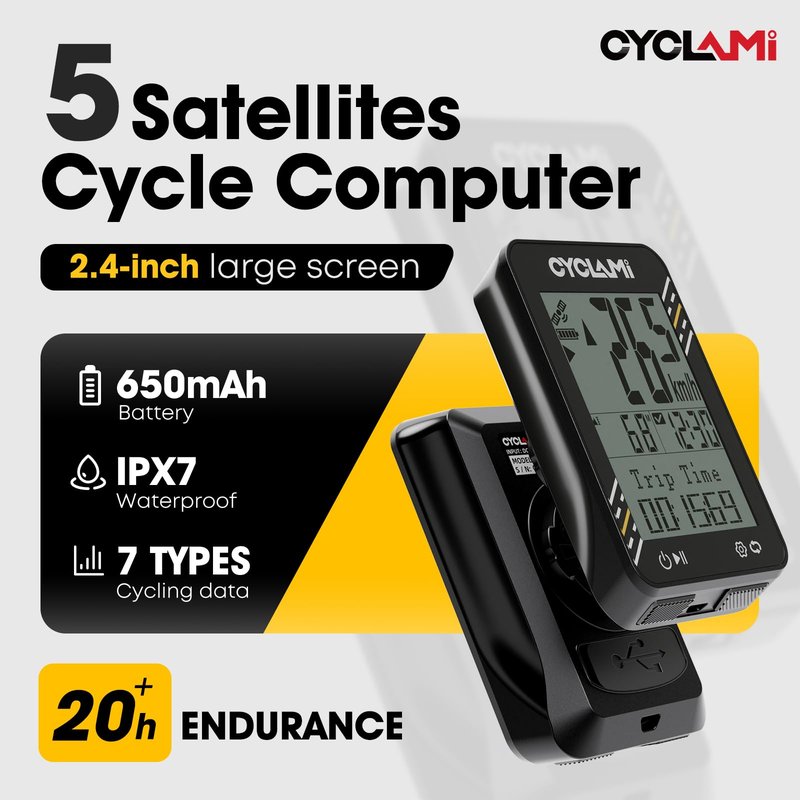 CYCLAMI Bike Computer Wireless - 5-Satellite GPS Cycling Speedometer | 2.4" Sun-Readable Screen | 50g Ultralight | 20+H Battery IPX7 Waterproof Bicycle GPS for Road/MTB Bikes