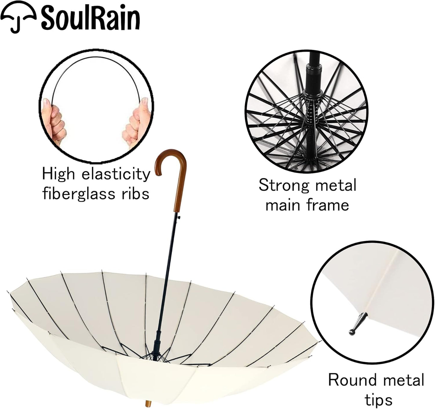 SoulRain 48" Windproof Stick Umbrella - Auto Open with Classic Wood Handle | Fashionable Solid Color