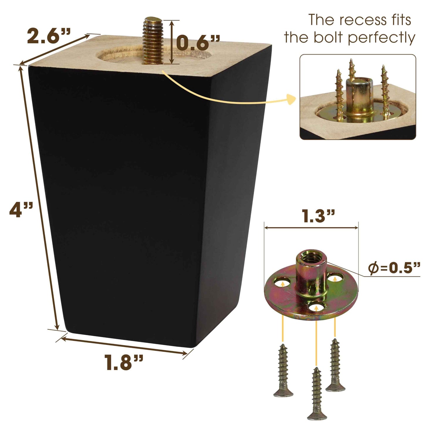 CODIN (5 Sizes: 3"-4"-5"-6"-8" Set of 4 Wood Furniture Legs - Square Sofa Legs, Couch Leg - Brown Mid-Century Modern Replacement Legs for Armchair Recliner Coffee Table Dresser (4")