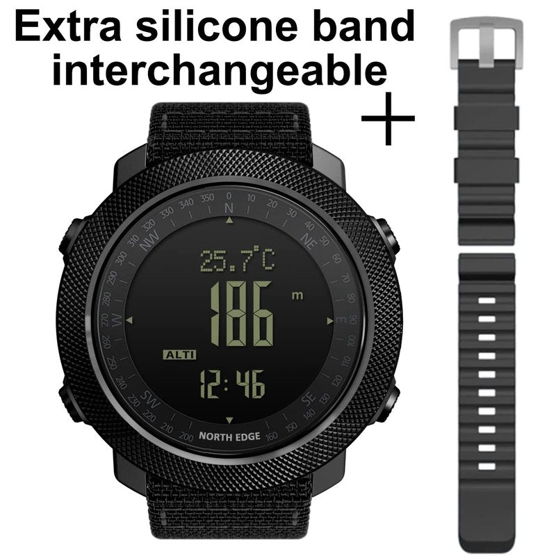 North Edge Apache Tactical Sports Watches for Men Outdoor Survival Military Compass Rock Solid Digital Watches with Durable Band, Steps Tracker Pedometer Calories (Black)