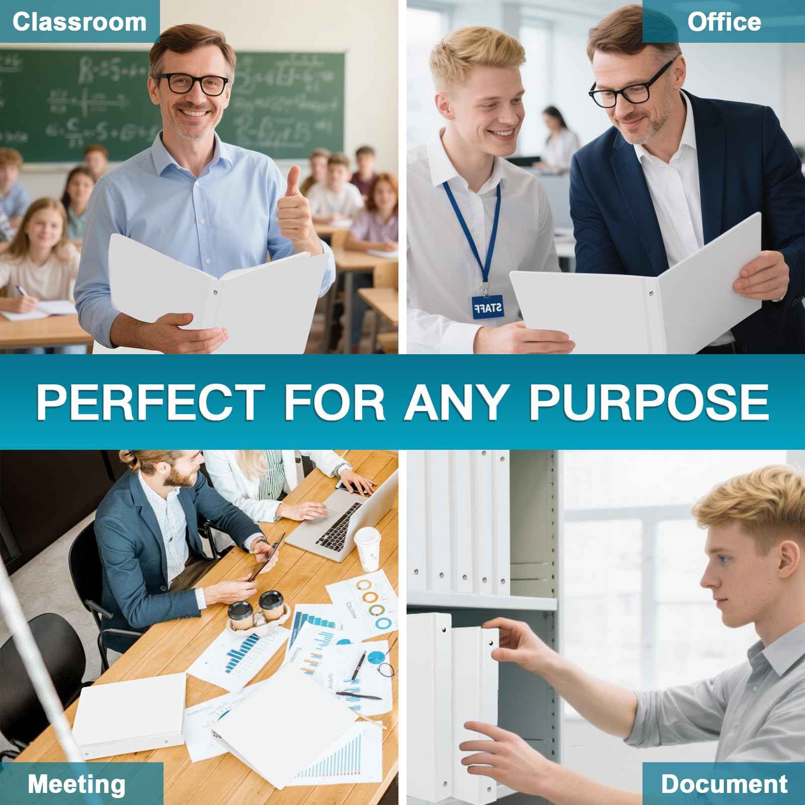 3 Ring Binder, LAYZZ 12 Pack 1 Inch Binders 3 Ring with 2 Pockets, Round Ring Binders, Clear Cover Binders for Letter Size 8.5"x11" Paper, PVC Free, Suitable for School Home and Office (White)