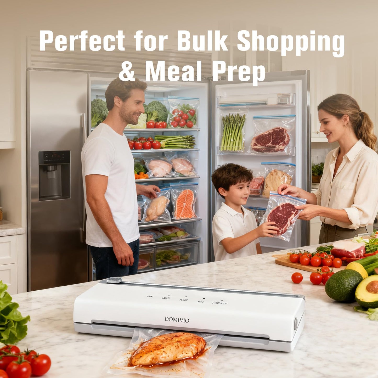 DOMIVIO 75Kpa Vacuum Sealer Machine for Food, 5-in-1 Food Saver with 20 BPA-Free Bags – Dry & Moist Modes, Compact Easy-to-Use Vacuum Sealer for Meal Prep (VS2093)