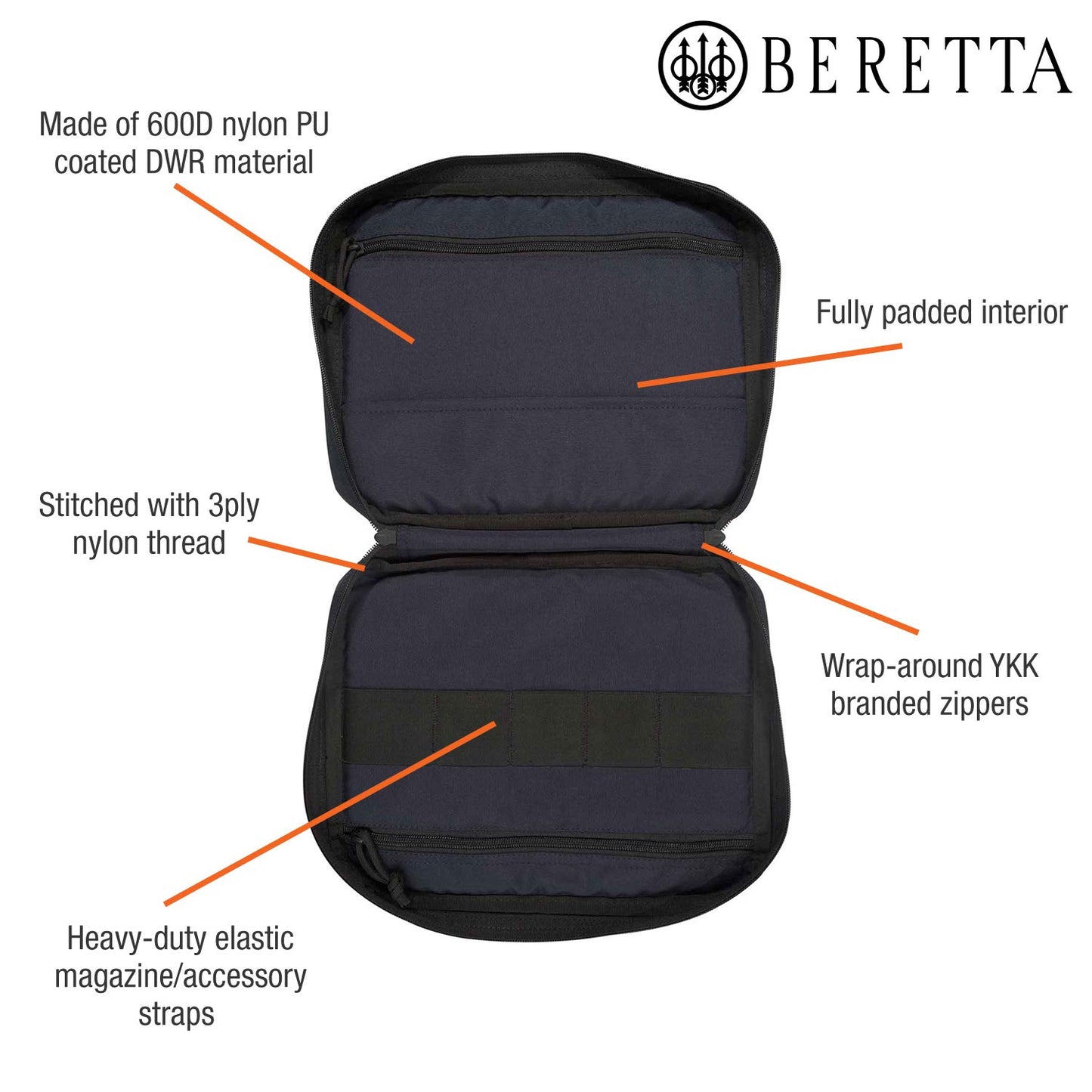 BERETTA 11.45" x 3" x 9" Durable DWR 600D Nylon Fully Padded Protective Soft Gun Case, Navy