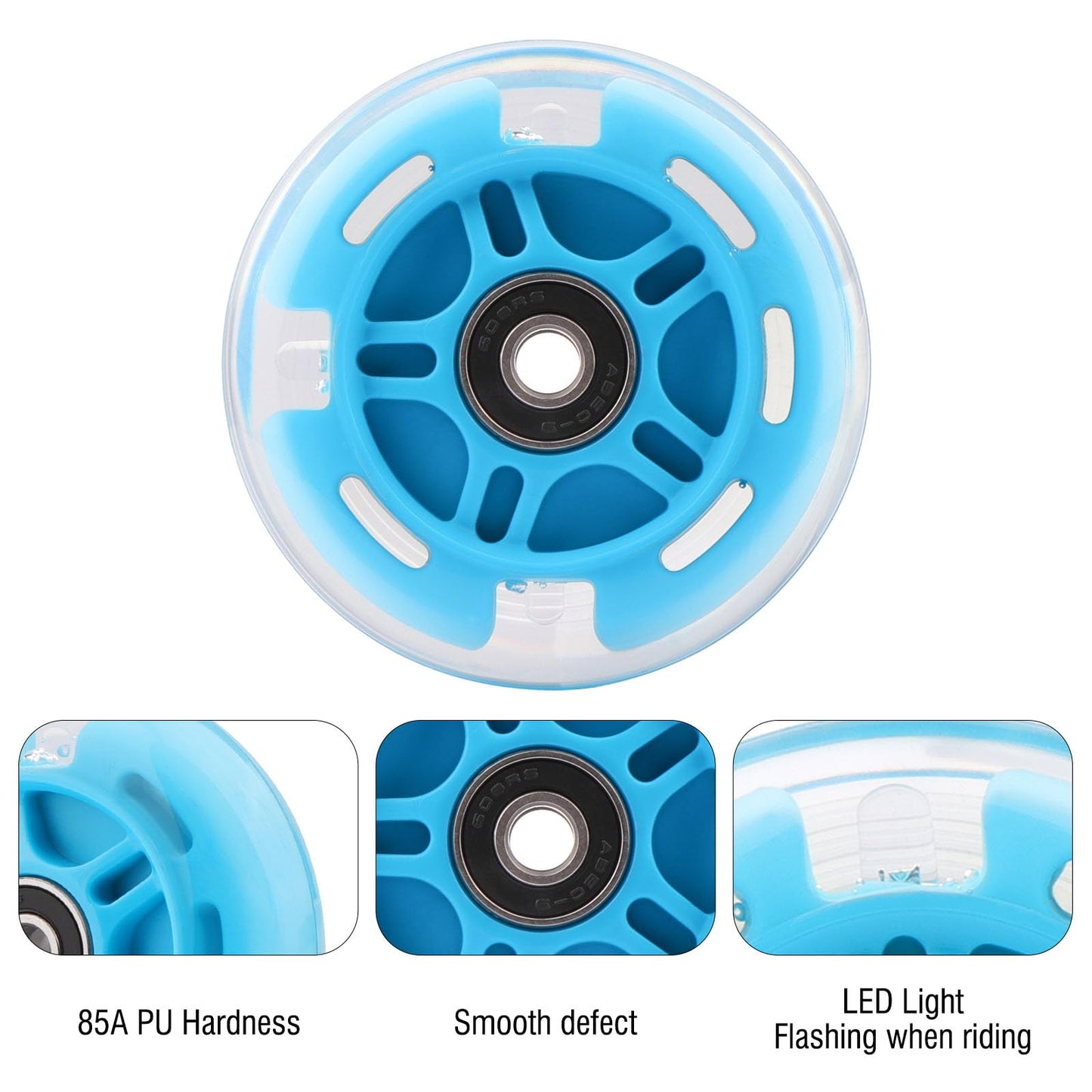 Wheelgoo 8pcs Inline Skate Wheels Led Light-Up Wheels 64/70/72/76/80mm w/Bushings 85-88A for Kids and Youth Beginners Children's Inline Skates Indoor/Outdoor Use (Blue, 80mm)