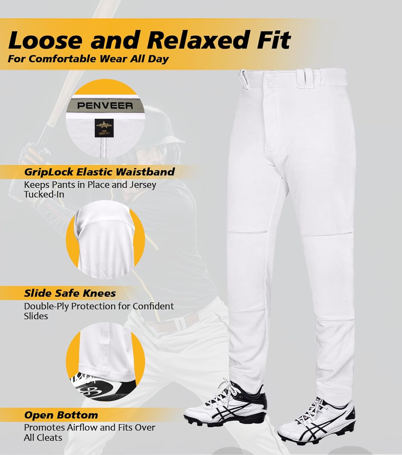 Skiennix Men's Baseball Pants - Full Length, Open Bottom, Adjustable Fit | Comfortable Loose Fit