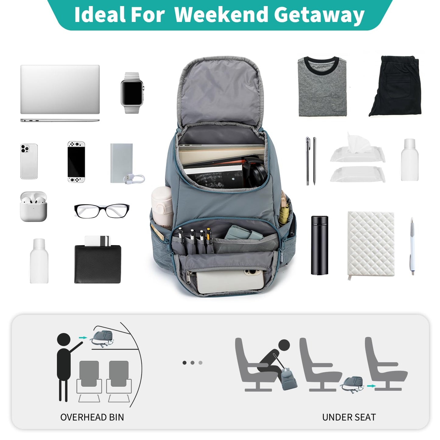 NOL Natural Organic Lifestyle Women's Quilted Puffer Backpack, Large Waterproof Lightweight Puffy Bookbag, Carry on Daypack for Travel, Work (Dusty blue)